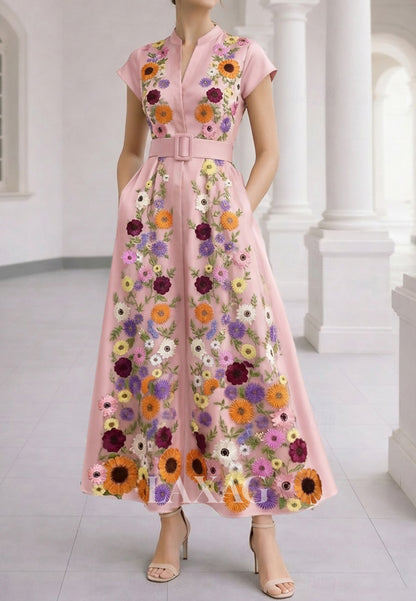 V-Neck Cap-Sleeves 3D-Floral Jacquard Satin Ankle-Length A-line Formal Morth of the Bride Dress