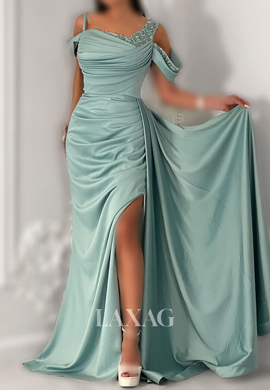 Asymmetrical-Neck Straps Pleated Satin Formal Gowns Sleeveless Beaded Sequined Mermaid Evening Dress