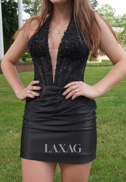 Halter Plunging V-Neck Sleeveless Beaded Sequined Applique Pleated Satin Mermaid Homecoming Dress