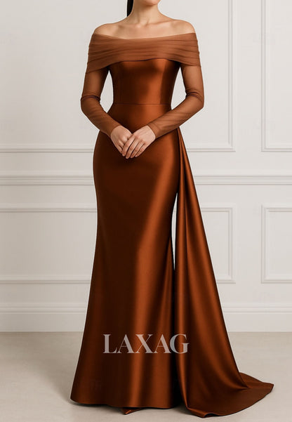 Bateau-Neck Long-Sleeves Mermaid Evening Dress Floor-Length Satin&Tulle Pleated Formal Gowns