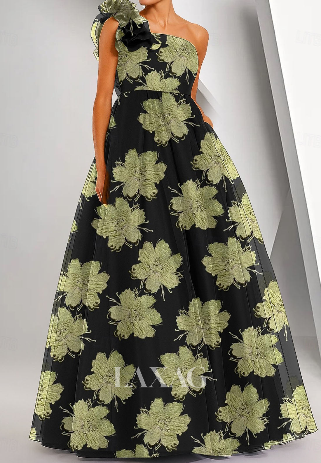 Tube Top One-Strap Sleeveless Jacquard Tulle Pleated Floor-Length A-Line Evening Dress