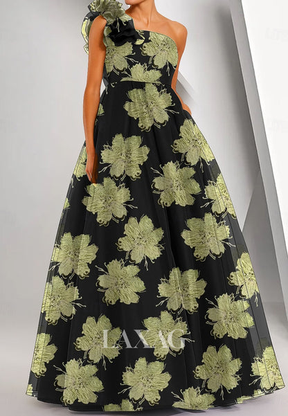 Tube Top One-Strap Sleeveless Jacquard Tulle Pleated Floor-Length A-Line Evening Dress