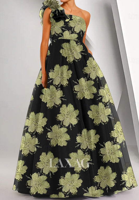 Tube Top One-Strap Sleeveless Jacquard Tulle Pleated Floor-Length A-Line Evening Dress