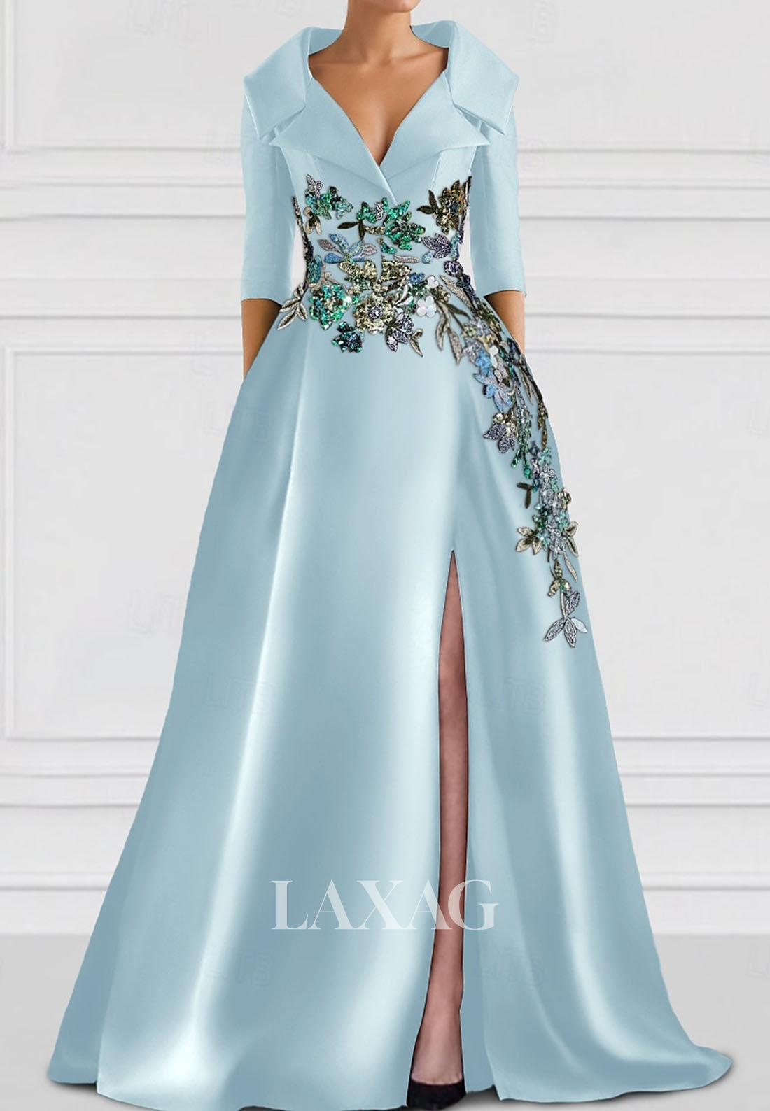 A-Line V-Neck Collared 3/4-Sleeves Evening Dress Sequined Floral Embellished Satin Formal Gowns