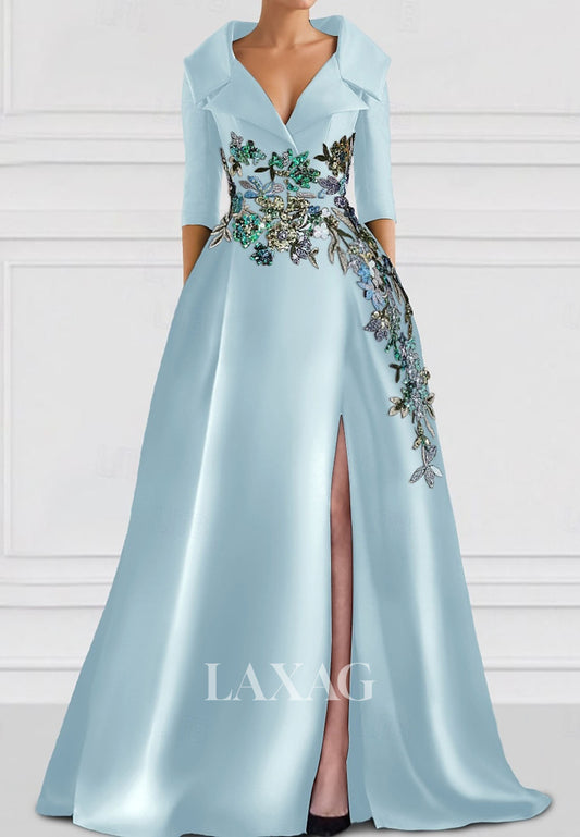 A-Line V-Neck Collared 3/4-Sleeves Evening Dress Sequined Floral Embellished Satin Formal Gowns