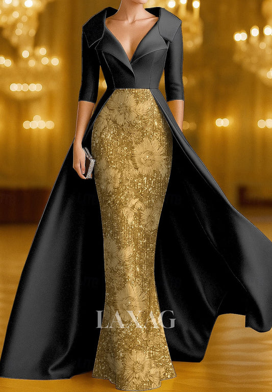 V-Neck Collared 3/4-Sleeves Floor-Length  Sequined Applique Satin Mermaid Evening Dress
