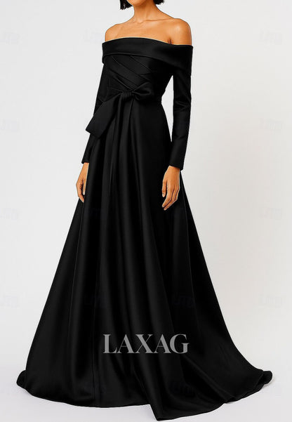 Bateau-Neck Off-Shoulder Long-Sleeves Satin Pleated Floor-Length A-Line Formal Evening Dress