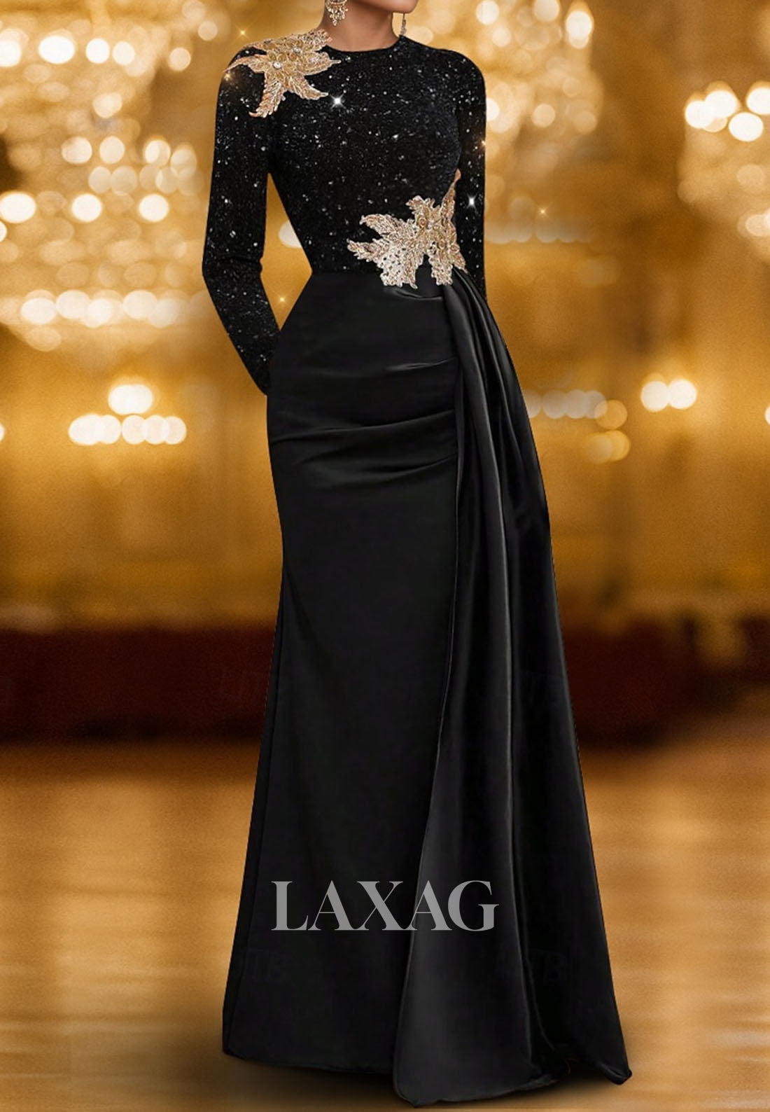 Scoop-Neck Long-Sleeves Formal Gowns Fully Sequined Beaed Satin Mermaid Evening Dress