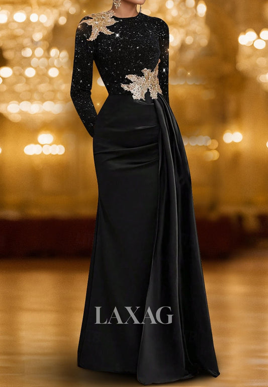 Scoop-Neck Long-Sleeves Formal Gowns Fully Sequined Beaed Satin Mermaid Evening Dress