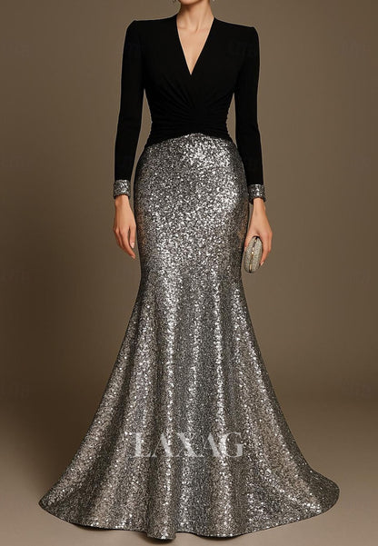 V-Neck Long-Sleeves Floor-Length Formal Gowns Sequined Satin Trumpet Mermaid Evening Dress