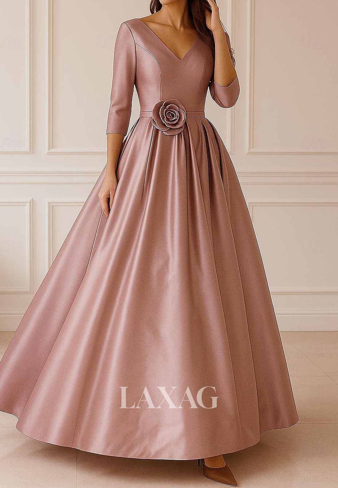 V-Neck 3/4-Sleeves Formal Gowns Floral Embellished Pleated Satin A-Line Evening Dress