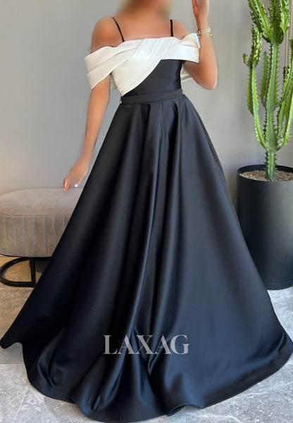 Bateau-Neck Spaghetti Straps Sleeveless Satin Pleated Floor-Length A-Line Evening Dress