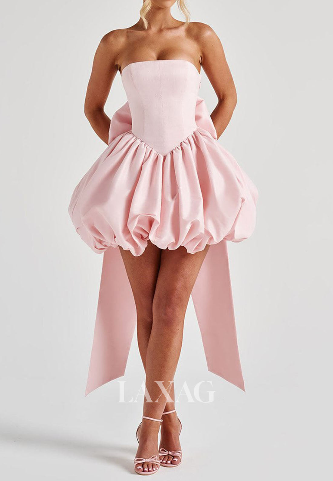 Off-Shoulder Tube Top Sleeveless Pleated Satin A-Line Party Homecoming Dress with Big Bow