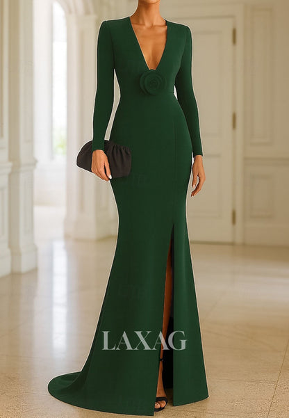Deep V-Neck Satin Pleated Mermaid Evening Dress Long-Sleeves Sweep Train Formal Gowns with Slit