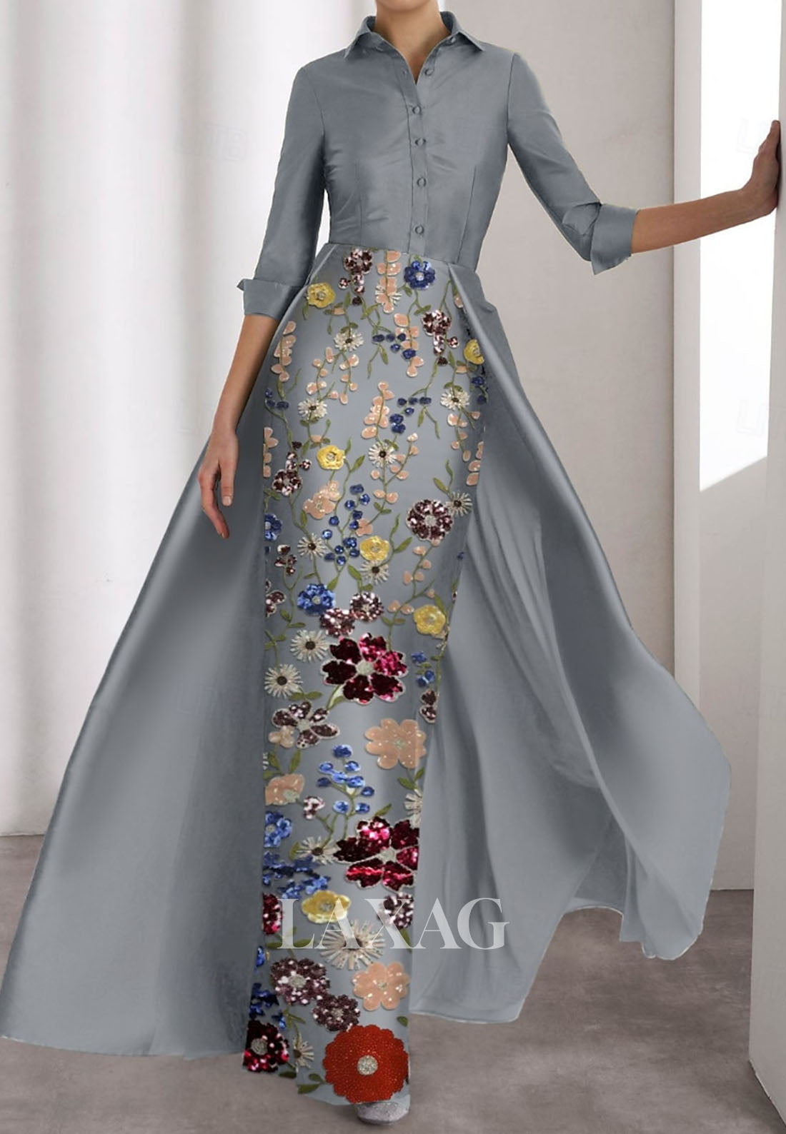Collared Half-Sleeves Satin Mermaid Evening Dress Multi-Color Sequined Applique Formal Gowns