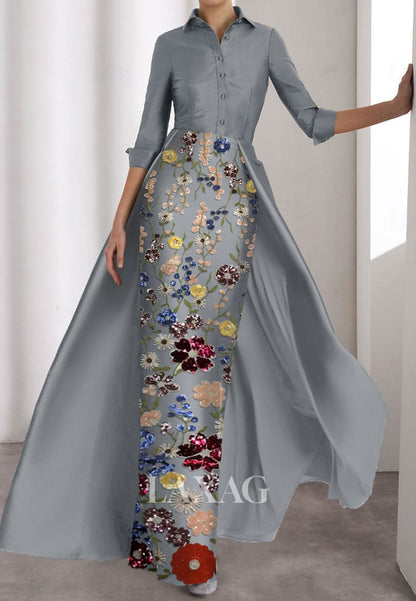 Collared Half-Sleeves Satin Mermaid Evening Dress Multi-Color Sequined Applique Formal Gowns