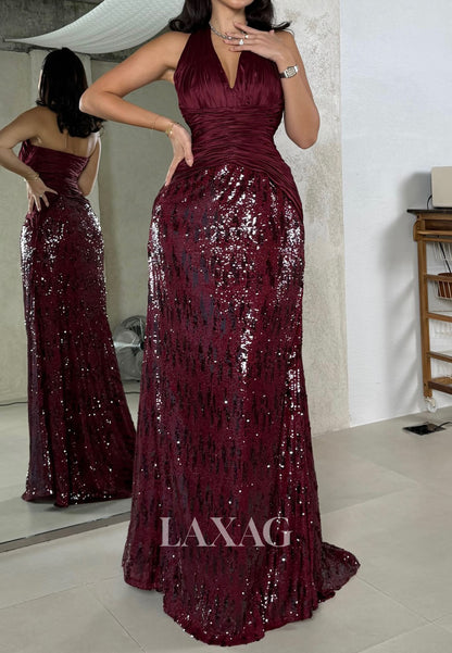 Halter V-Neck Sleeveless Mermaid Evening Dress Sequine Pleated Chiffon A-Line Formal Gowns