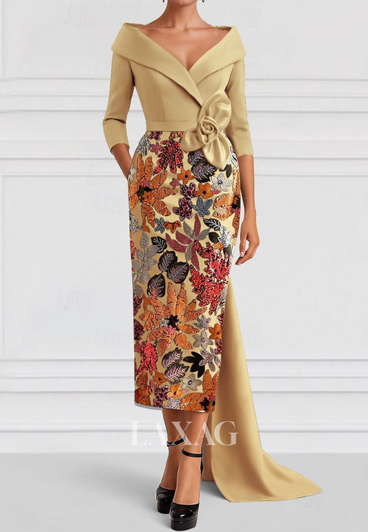 V-Neck Collared Tea-Length Mermaid Evening Dress 3/4-Sleeves Sequined Applique Satin Formal Gowns