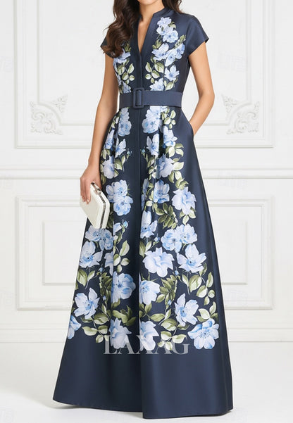 Scoop-Neck Cap-Sleeves Print-Satin Floor-Length A-line Formal Morth of the Bride Dress