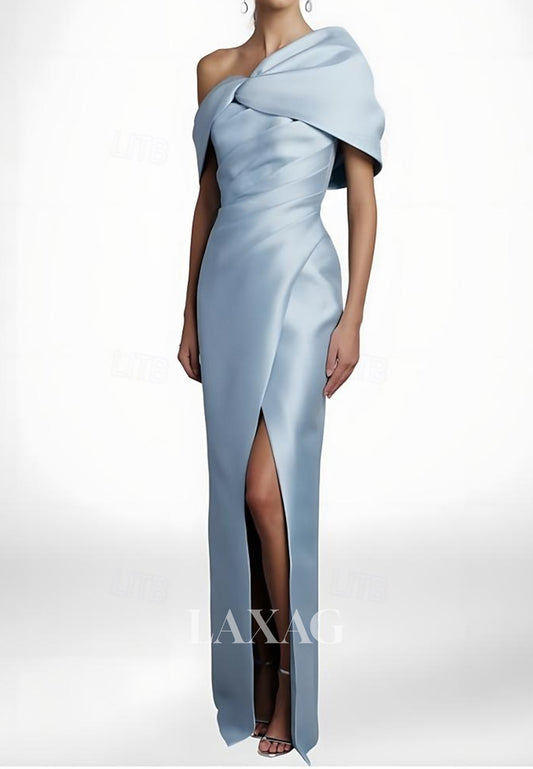 Asymmetrical-Neck Sleeveless Satin Pleated Floor-Length Simple Mermaid Evening Dress with Slit