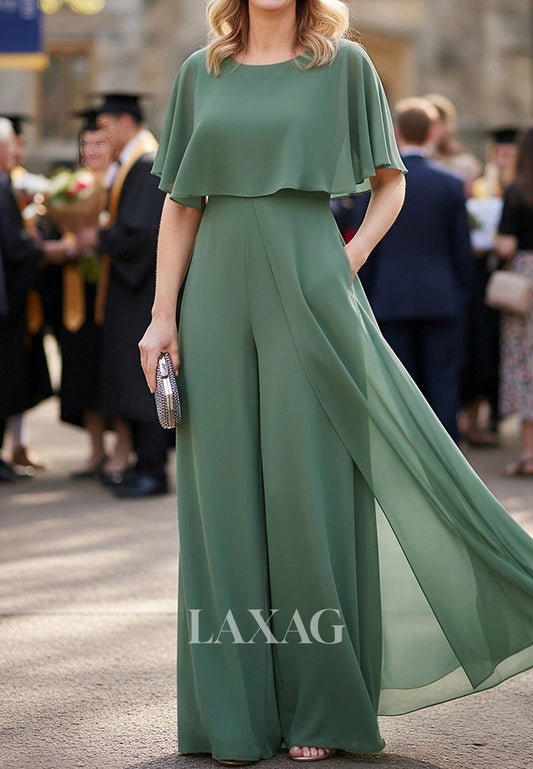 Scoop-Neck Sleeveless Chiffon Pleated Jumpsuit Mother of the Bride Dress with Overlay