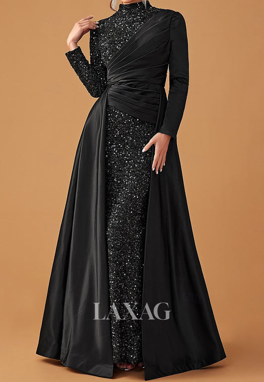 High-Neck Long-Sleeves Floor-Length Mermaid Evening Dress Fully Sequined Pleated Satin Formal Gowns
