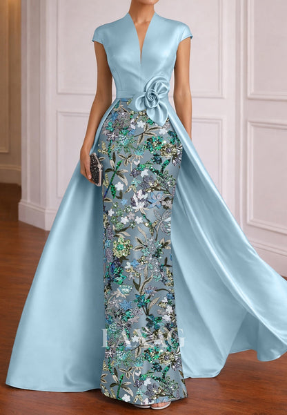 V-Neck Cap-Sleeves Sequined 3D-Floral Satin Floor-Length Mermaid Mother of the Bride Dress