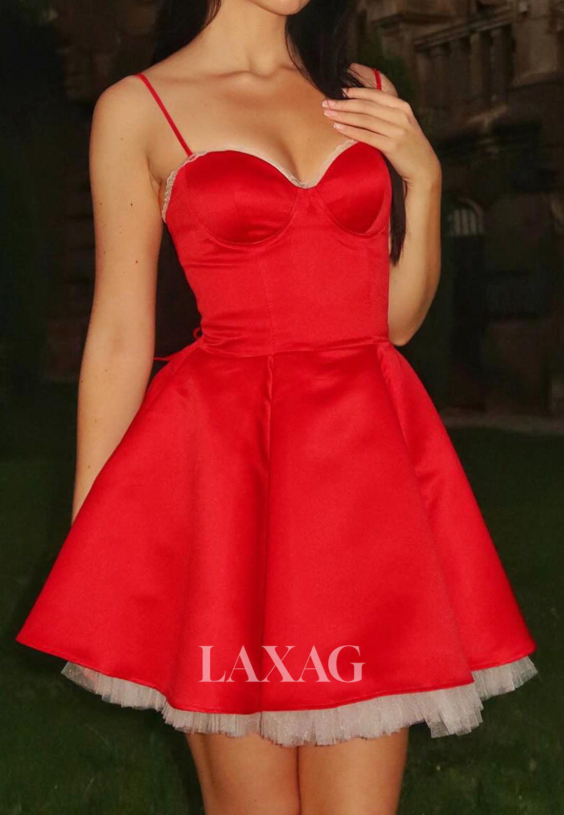 Sweetheart Spaghetti Straps Sleeveless Pleated Satin&Tulle A-Line Party Homecoming Dress