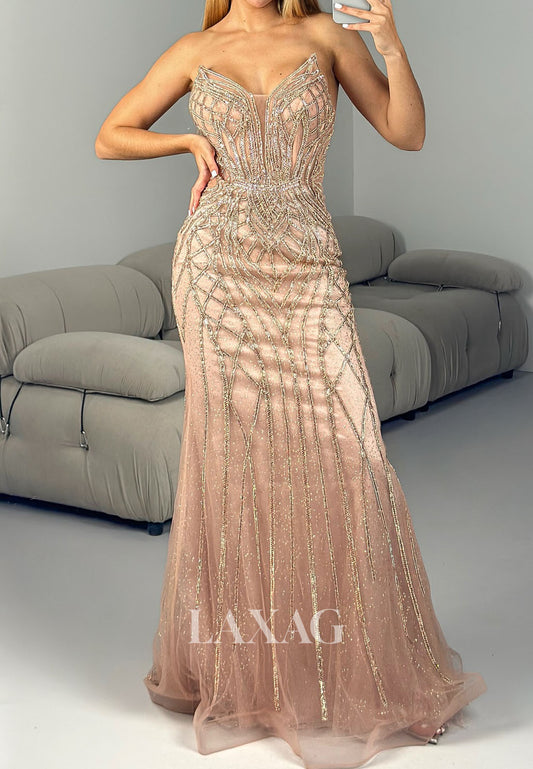 Deep V-Neck Off-Shoulder Floor-Length Mermaid Prom Dress Fully Sequined Beaded Party Gowns