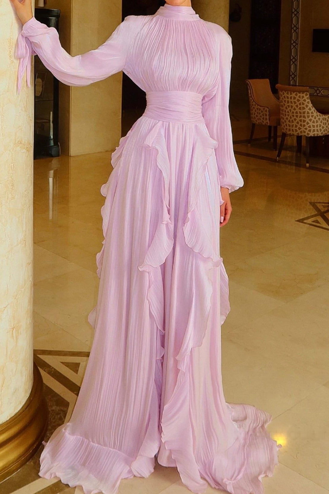 Pleated High Neck Maxi Dress with Ruffles