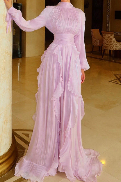 Pleated High Neck Maxi Dress with Ruffles