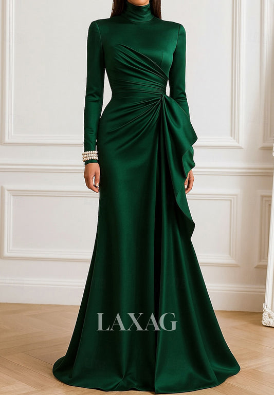 High-Neck Long-Sleeves Ruffled Satin Pleated Floor-Length Simple Mermaid Evening Dress