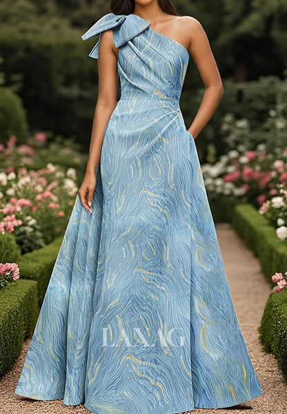Off-Shoulder Asymmetrical-Neck Sleeveless Pleated Print-Satin Floor-Length A-Line Evening Dress with Bow