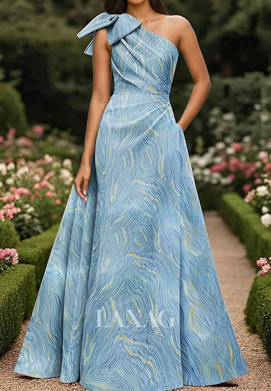Off-Shoulder Asymmetrical-Neck Sleeveless Pleated Print-Satin Floor-Length A-Line Evening Dress with Bow