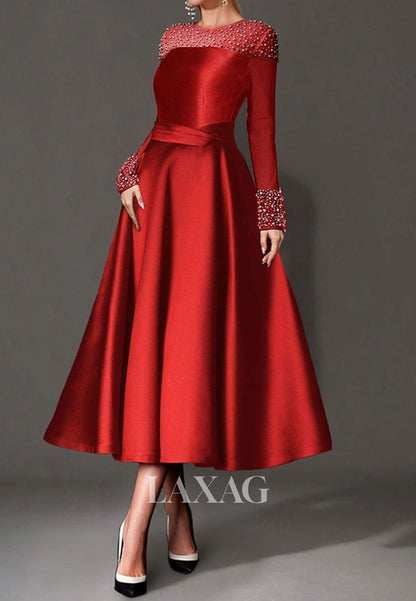 Scoop-Neck Long-Sleeves A-Line Evening Dress Beaded Pleated Satin Tea-Length Formal Gowns
