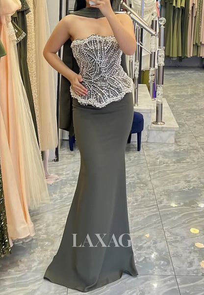 Tube Top Off-Shoulder Sleeveless Pearls Beaded Satin Floor-Length Mermaid Formal Evening Dress