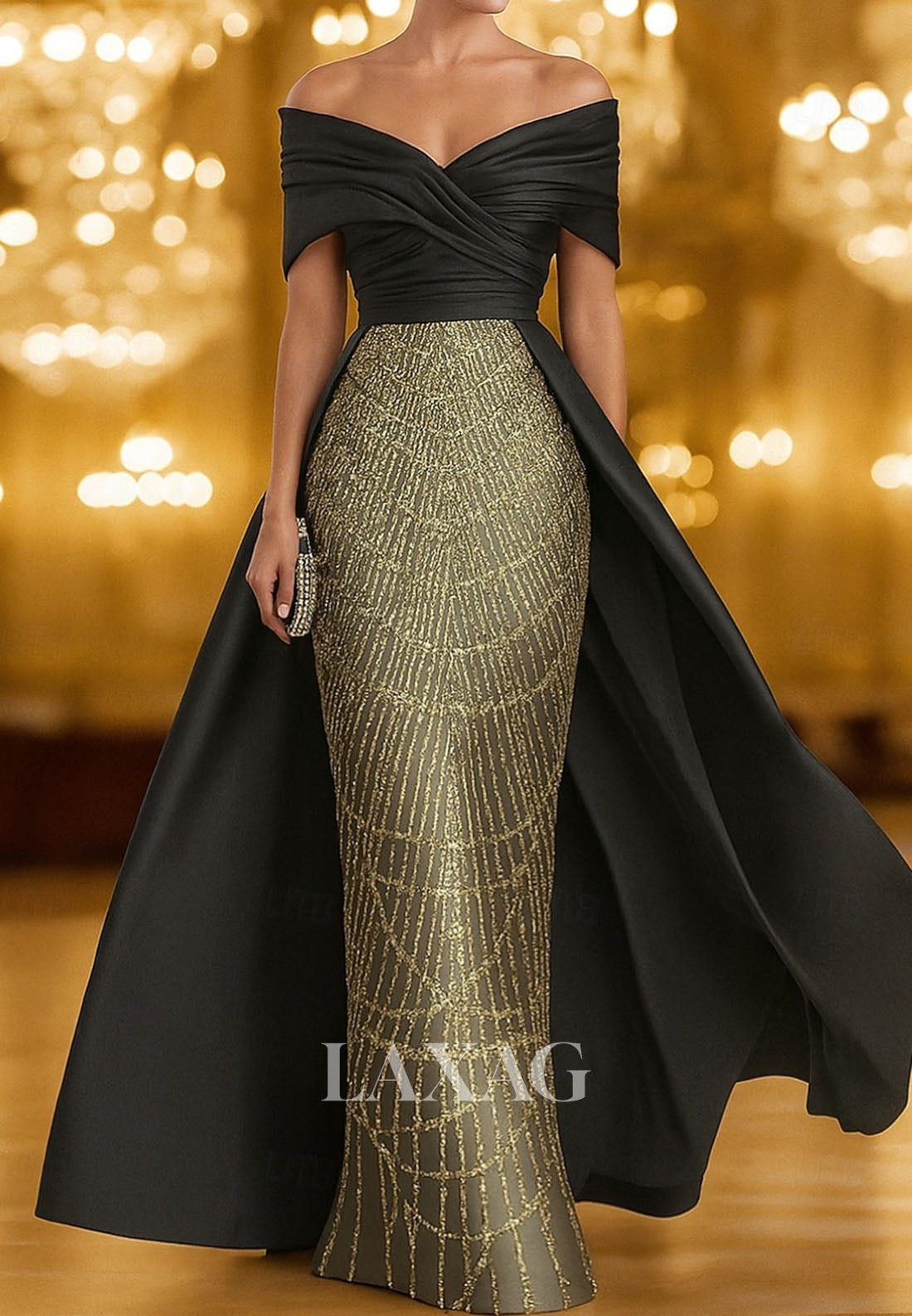 V-Neck Floor-Length Sequined Satin Formal Gowns Off-Shoulder Sleeveless Mermaid Evening Dress