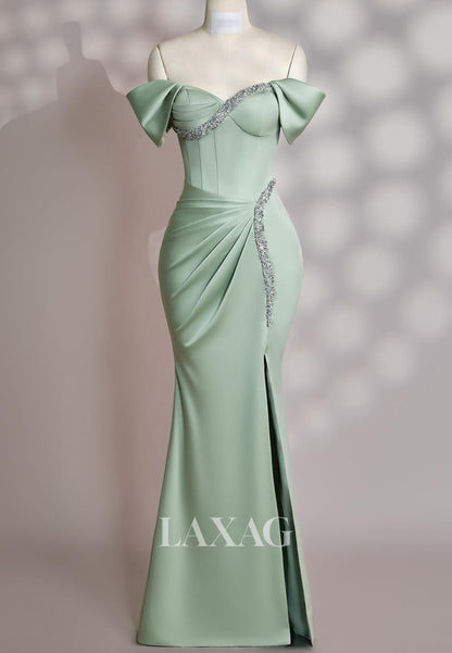 Sweetheart Off-Shoulder Beaded Formal Gowns Pleated Satin Floor-Length Evening Dress with Slit