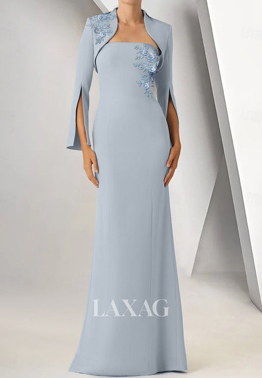 Tube Top Sequined Applique Floor-Length Satin Mermaid Evening Dress with Long-Sleeves Coat