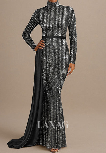 High-Neck Long-Sleeves Floor-Length Formal Gowns Fully Sequined Floor-Length Mermaid Evening Dress
