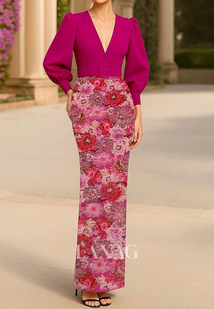 Deep V-Neck Long-Sleeves Floor-Length Formal Gowns Sequined Applique Satin Mermaid Evening Dress