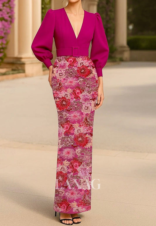 Deep V-Neck Long-Sleeves Floor-Length Formal Gowns Sequined Applique Satin Mermaid Evening Dress