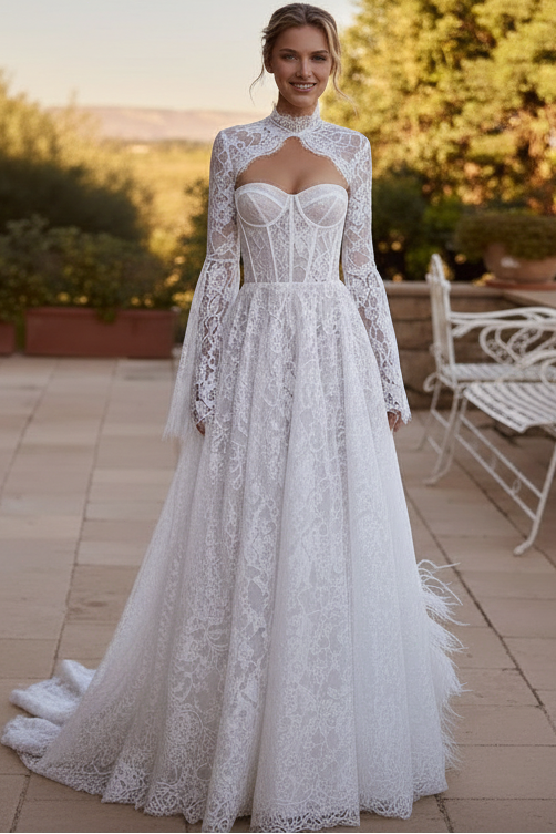 Sweetheart Long-Sleeves Fringed Allover Lace Pleated Sheer A-Line Wedding Dress with Train