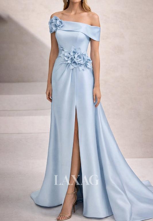 Tube Top Sleeveless Floral Embellished Satin Pleated Slit Mermaid Evening Dress with Sweep Train