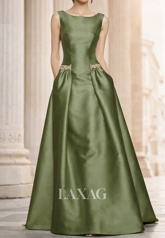 Scoop-Neck Straps Sleeveless Beaded Satin Pleated Floor-Length Simple A-Line Evening Dress