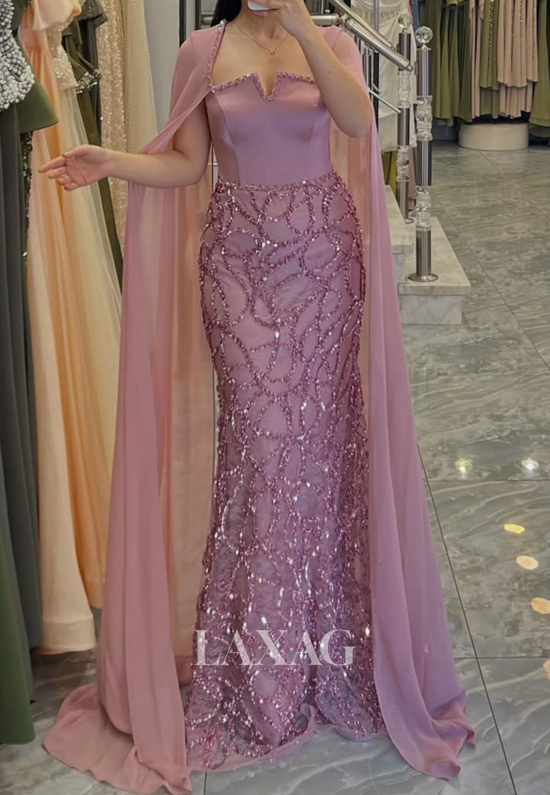 Square-Neck Cape-Sleeves Mermaid Evening Dress Sequined Beaded Chiffon Floor-Length Formal Gowns