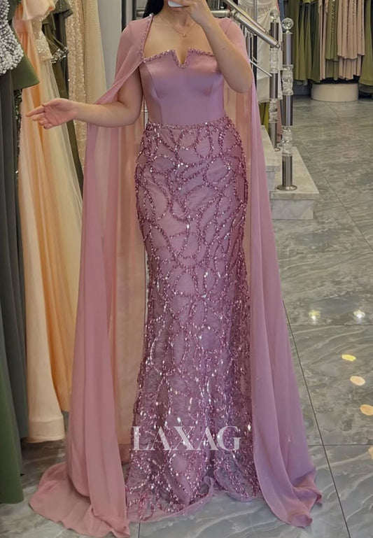 Square-Neck Cape-Sleeves Mermaid Evening Dress Sequined Beaded Chiffon Floor-Length Formal Gowns