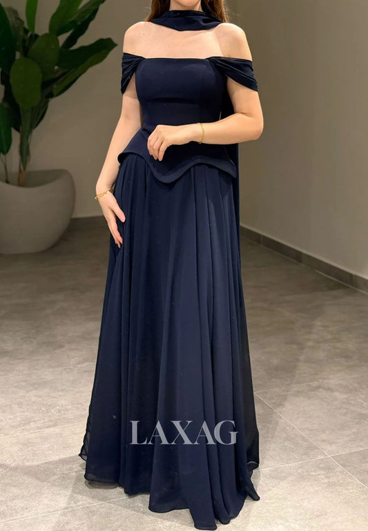 Bateau-Neck Pleated Chiffon A-Line Evening Dress Off-Shoulder Floor-Length Formal Gowns