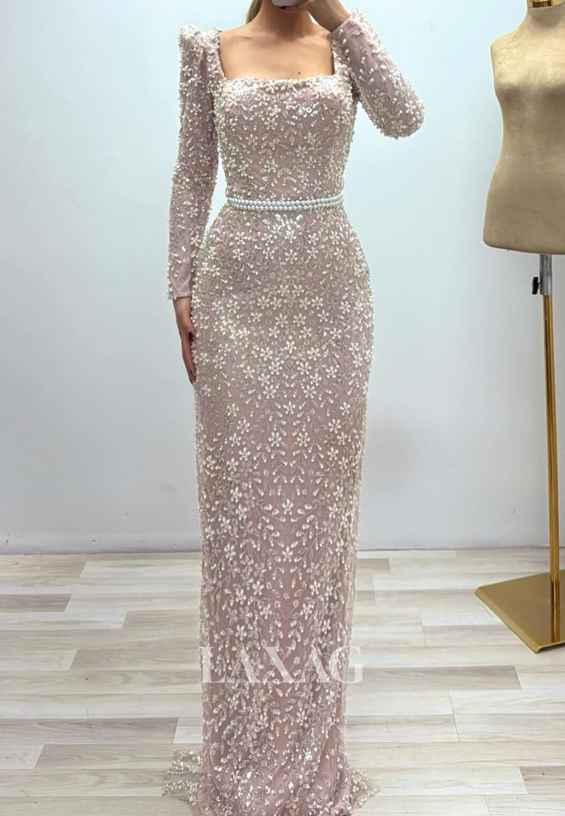 Square-Neck Long-Sleeves Floor-Length Mermaid Evening Dress Fully Sequined Beaded Formal Gowns