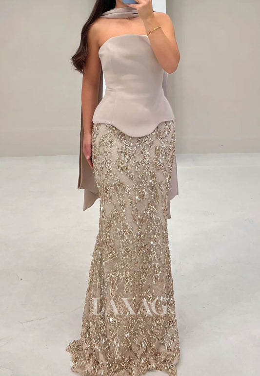 Tube Top Sleeveless Floor-Length Mermaid Evening Dress Off-Shoulder Sequined Satin Formal Gowns